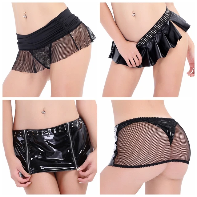 Women's Sexy Fishnet Leather Micro Mini Skirt Sheer Party Short Dress Clubwear