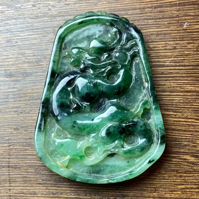 Antique Chinese Natural Dark Green Jadeite Jade Pendant carved ancient dragon 3