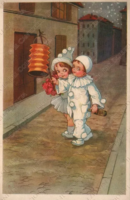 1926 Bambini maschere Pierrot carnevale childrens circus Cartolina illustrata