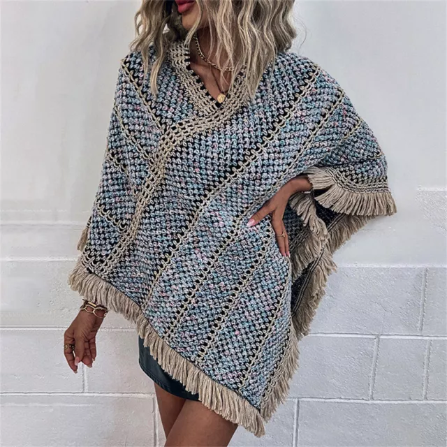 Women's Knitted Shawl Poncho with Fringed Capelet V-Neck Sweater Pullover Cape