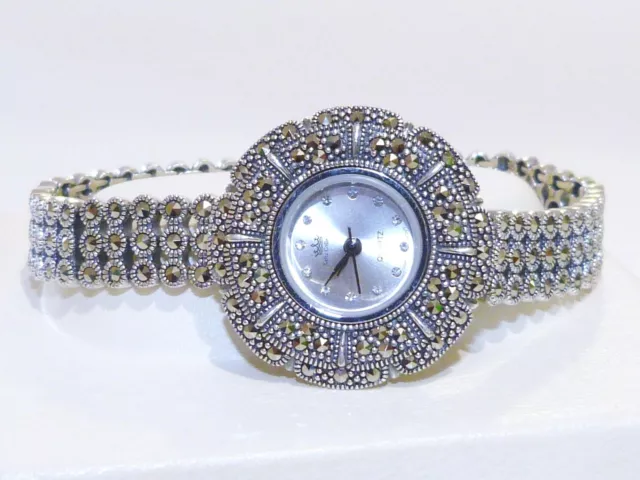 VINTAGE STYLE! 38.7grams Swiss Marcasite Bracelet Watch Solid S/Silver 925!