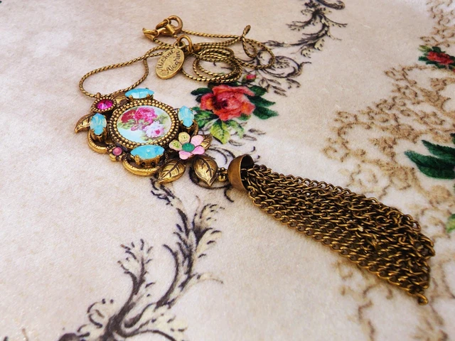 Michal Negrin Victorian Pendant Necklace Flowers Cameo - Retro Crystals & Tassel 3
