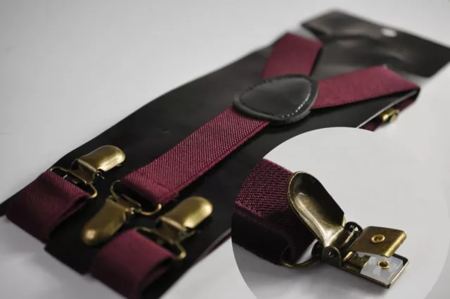 Burgundy Wine Red Elastic Suspenders Braces Bronze Clips for Men / Boys / Baby