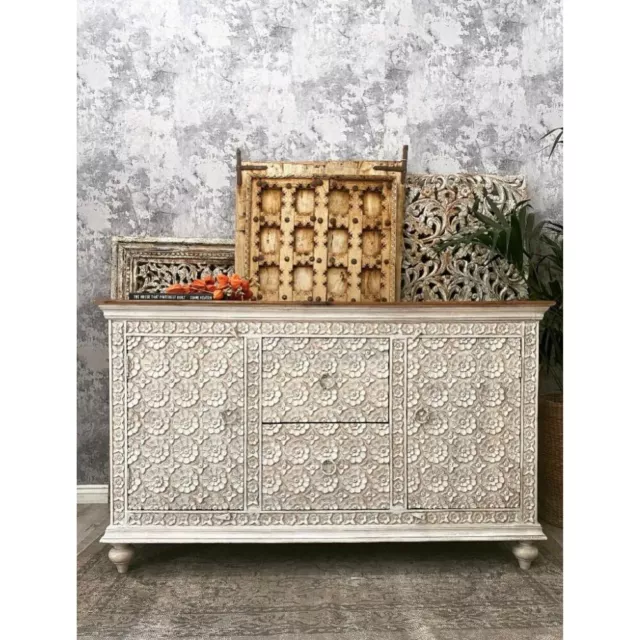 Whitewashed Floral Carved Mango Wood Sideboard Two Doors Two Drawers KHSD38WN