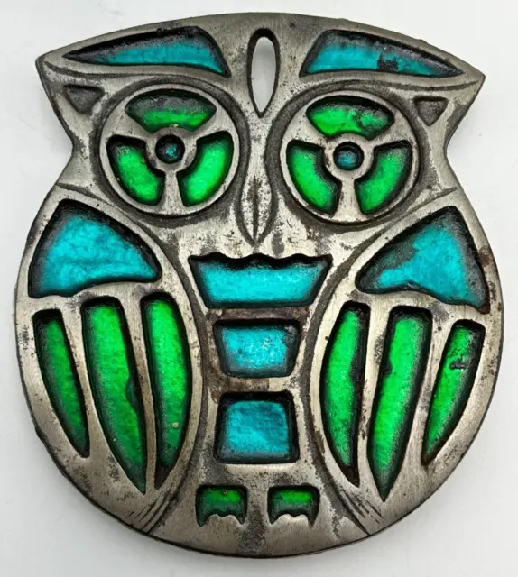 MCM Owl Trivet Cast Iron Silver Metal Vintage 6"x6" Colorful Green and Blue
