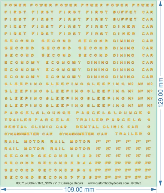 NSWR: 72' 6" Carriage Decals - 1/32 (1-Gauge) HO (1/87) N (1/160) - Water Decal