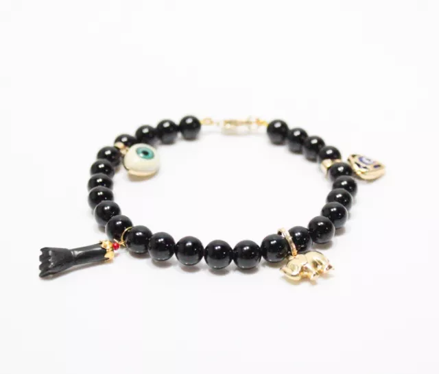 Vintage Polished Onyx Beaded Healing Bracelet With 4 Gold Evil Eye Lucky Charms