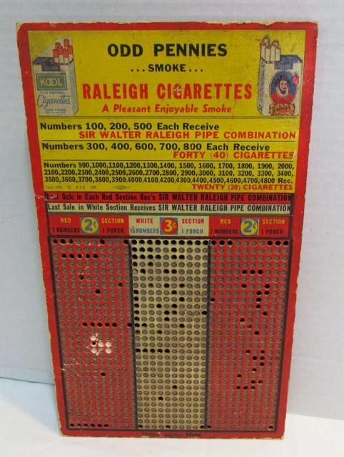 Odd Pennies Smoke Raleigh Cigarettes Punch Board Vintage Used Kool Union Made