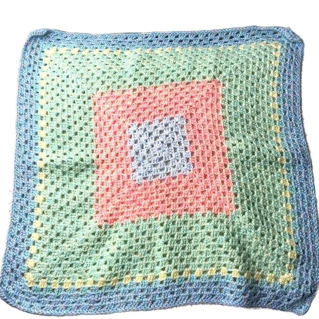 Vintage Hand Knit Crocheted Pastel Baby Security Blanket Afghan Throw