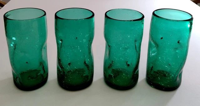 Vintage Dimpled Crackle Glass Tumblers, Green/Teal, 5-5/8", set of 4