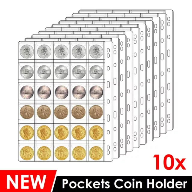 10 pcs 30 Pockets Coin Holders Folder Pages Collection Album Storage Book Sleeve