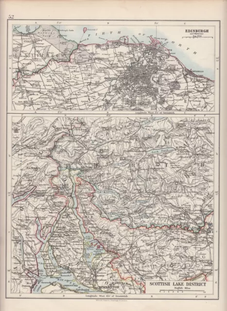 1897 Victorian Map ~ Scotland ~ Environs Of Edinburgh ~ Scottish Lake District
