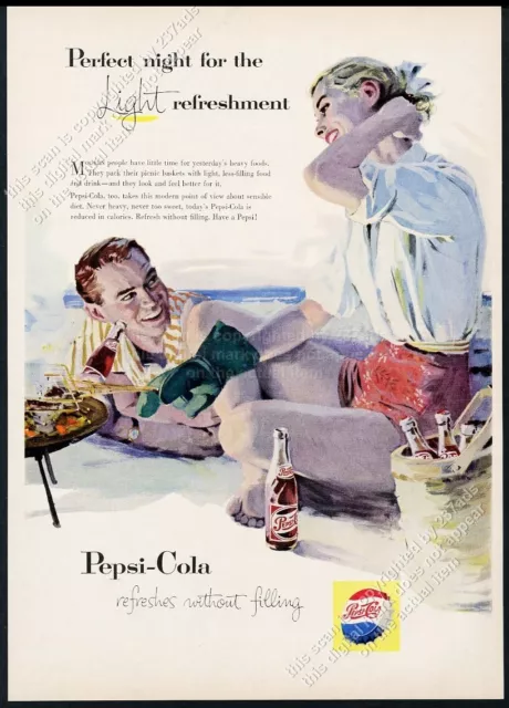 1957 Pepsi Cola young couple beach cookout art vintage print ad