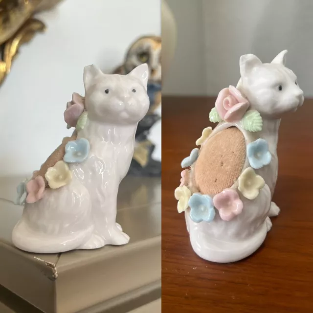 Vintage Porcelain White Cat Sewing Pin Needle Cushion Pink Yellow Floral Back