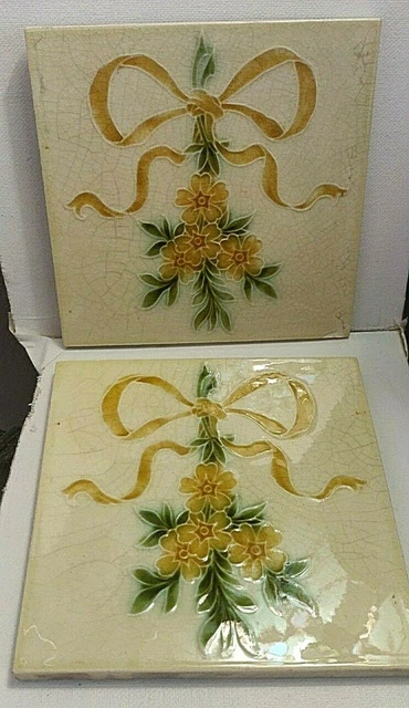 ~ Pair Of Antique Victorian Tiles Yellow Floral 6 X 6 ~ Architectural Salvage