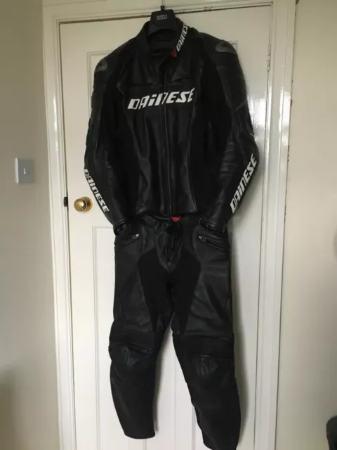 Dainese black mens two piece leather suit. Jacket size 50, trousers size 50