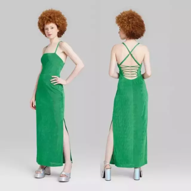 Wild Fable NWOT Women's L Green Lace-Up Back Side Slit Maxi Bodycon Dress