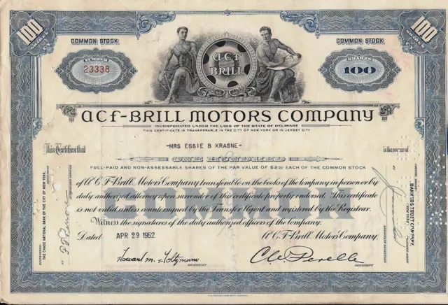 Stock Certificate ACF-Brill Motors Company 100 shares. State of Delaware 1952