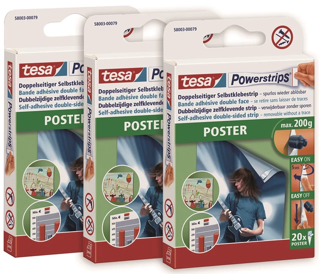tesa Powerstrips POSTER (3 x 20 Stck.) Kebestrips - selbstklebend - bis 200 g