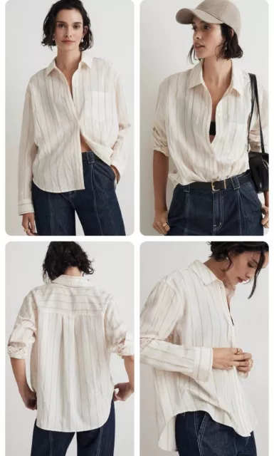 MADEWELL Women's Drapey Oversized Boyshirt Size XS Ecru Stripe Button Front