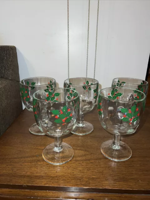 Vtg Bartlett Collins Mcm 70s Thumbprint Holly Berry Water Goblet Set Of 5 Unused