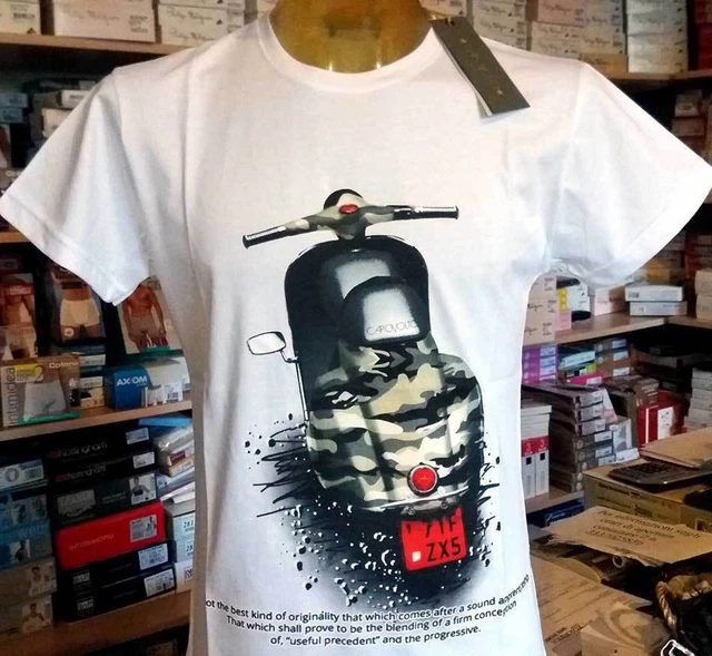 T-shirt uomo Capovolto in cotone fiammato taglio vivo con stampa Vespa art D116