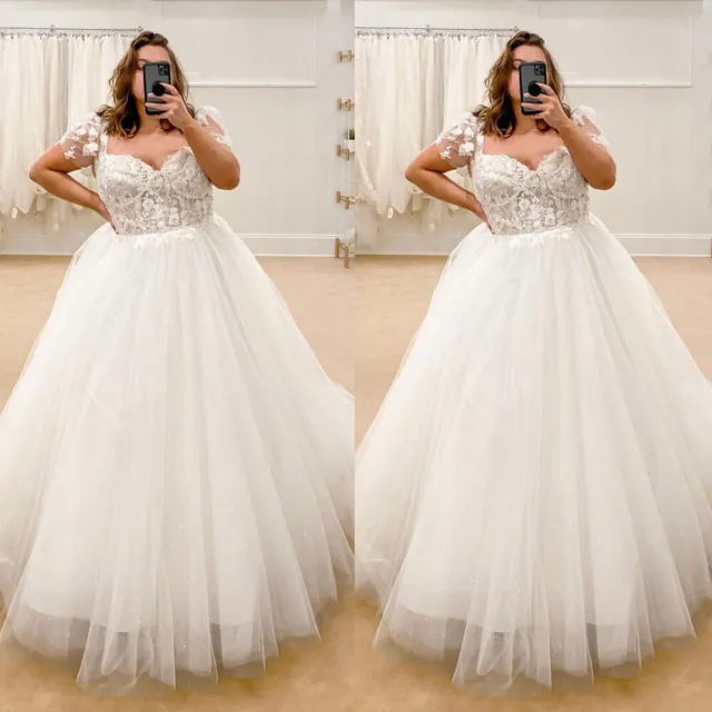 Plus Size Wedding Dresses With Cap Sleeves Lace Appliques V Neck Bridal Gowns
