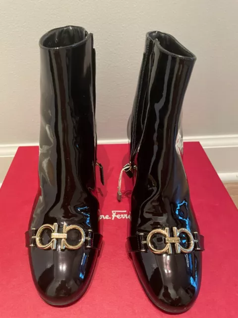 New Salvatore Ferragamo Black Patent Leather Gancini Boots 36.5 Us 6.5