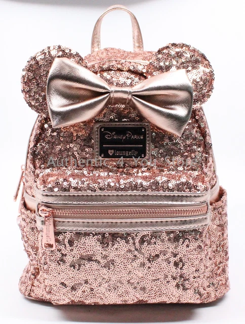 New Disney Parks Loungefly Rose Gold Sequined Minnie Mouse Backpack Bag In Hand