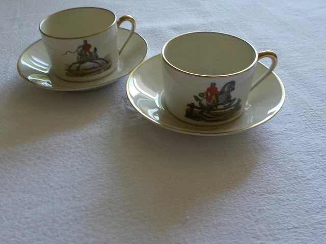 2 tasses et sous tasses à café, moka. Raynaud Limoges. Cheval et jockey