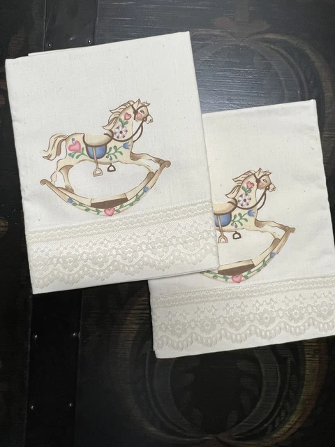 Pair Of Queen Size Pillow Cases Rocking Horse~Cotton~20" X 34.5" Ivory