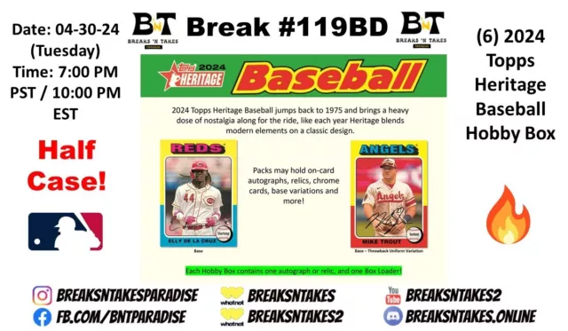 TAMPA BAY RAYS 2024 Topps Heritage Baseball Hobby 6 BOX Break #119BD
