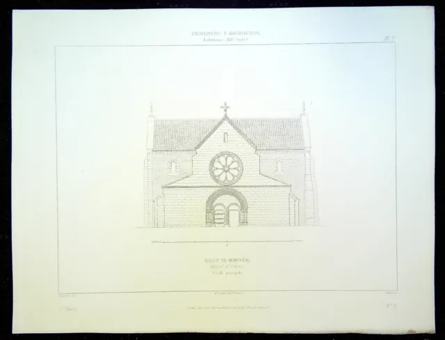 Ancienne Gravure d'Architecture - Eglise de MONTREAL façade principale (yonne)