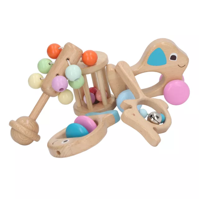 5pcs Baby Wooden Rattle Toy Set Newborn Infant Funny Cute Smooth Fish Dog Car Sh