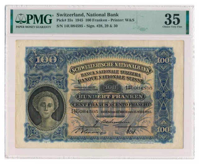 SWITZERLAND banknote 100 Franken 1945 PMG VF 35 Choice Very Fine