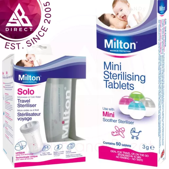 Milton Mini Sterilising Tablet 50Pk + Milton Solo Single Bottle Steriliser