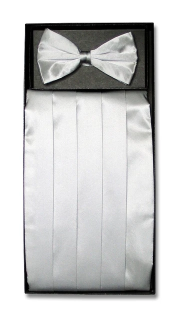 SILK Cumberbund BowTie Solid SILVER GRAY Color Men's Grey Cummerbund Bow Tie Set