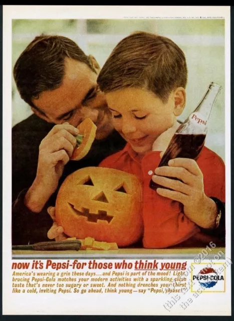 1963 Pepsi-Cola father son Halloween pumpkin carving photo vintage print ad