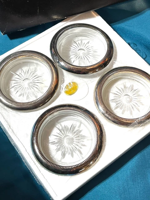 Vintage Leonard Crystal and Silver Plate Sunburst Coaster Ashtray Set of 4 Italy