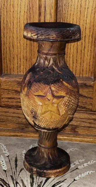 Olive Wood Vase Israeli Hand Carved Ornate Star Vintage Vase