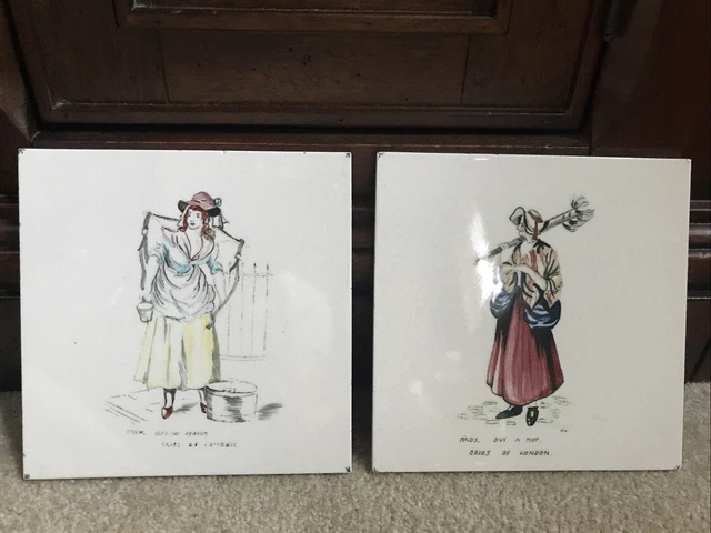 2 Vintage English Ceramic Tile 6x6 CRIES OF LONDON Milk Below Maids, Buy A Mop! 2