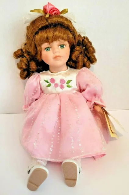 Collectors Choice Doll Fine Bisque Porcelain Brown Hair Pink Dress Wind Up Music