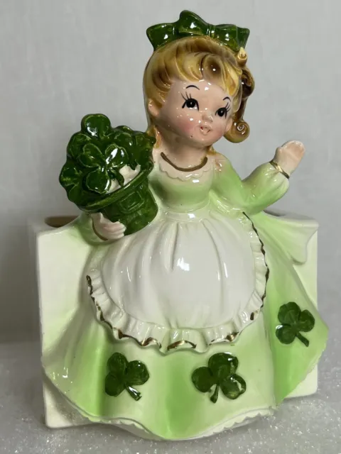 Vintage Relpo Ceramic Planter St Patrick's Day Blonde Girl Shamrock Dress CUTE!