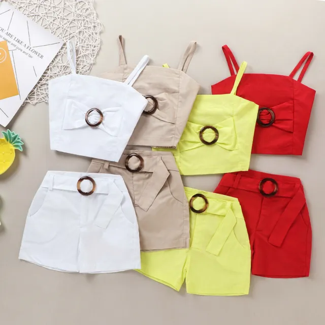 Toddler Kids Baby Girls Summer Solid Sleeveless Bow Vest Tops+Shorts Outfits Set