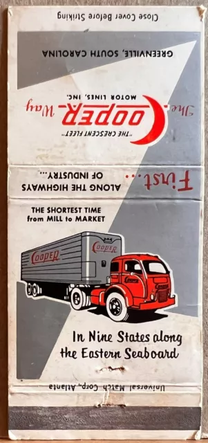 Cooper Motor Lines Inc Greenville SC South Carolina Vintage Matchbook Cover