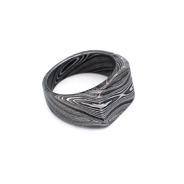 Damascus Steel Handmade Wedding Ring Square Signet Bike Band for Men