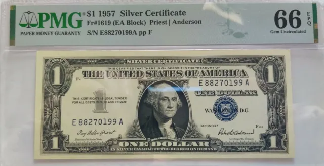 $1.00 1957 Silver Certificate Blue Seal Fr#:1619 Pmg Gem 66 Epq