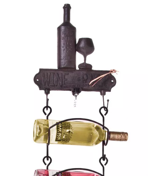 Rustic Cast Iron 6 Bottle Wall Mounted Wine Rack Holder & Corkscrew Opener