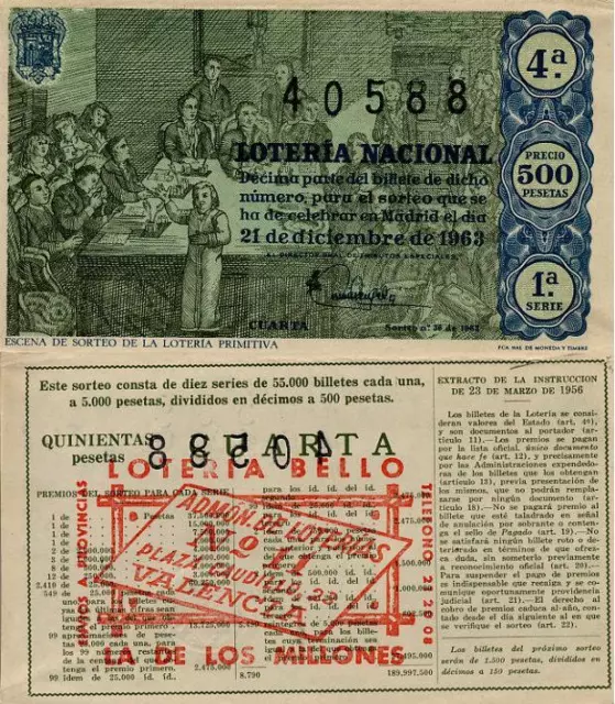 Año 1963. 500 Pts. Décima parte del billete. 21 de Diciembre. Sorteo Nº 36. 1ª S