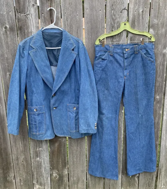 Vintage LEE Set Denim Suit 1970s Flared Pants 34 Jacket 44R Cotton